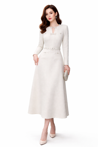 long sleeve A-line dress with belted waist and embellished neckline – ELISE