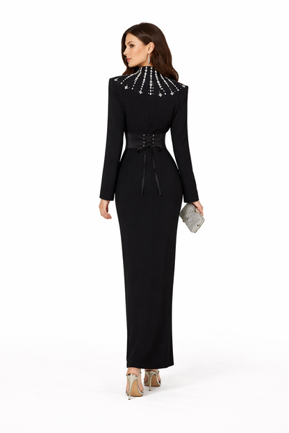long sleeve column dress with crystal embellished collar – NOIR