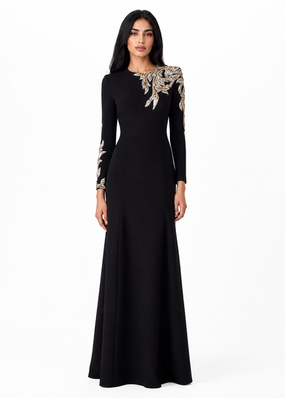 long-sleeve column gown with gold floral embroidery – VALENTIA