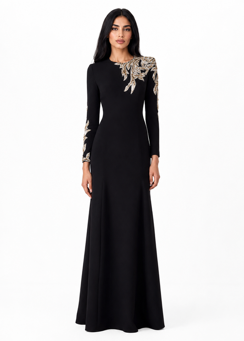 long-sleeve column gown with gold floral embroidery – VALENTIA