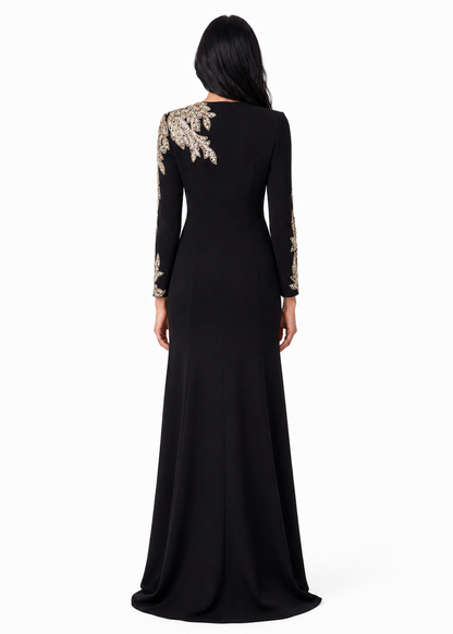 long-sleeve column gown with gold floral embroidery – VALENTIA