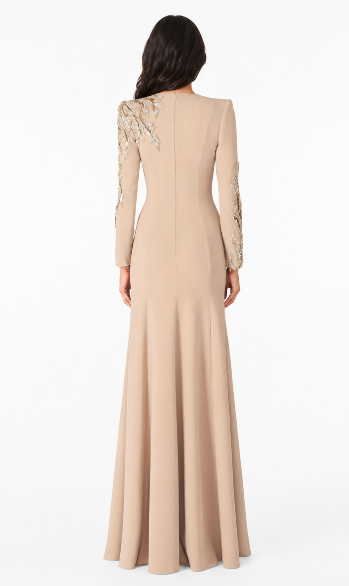long-sleeve column gown with gold floral embroidery – VALENTIA