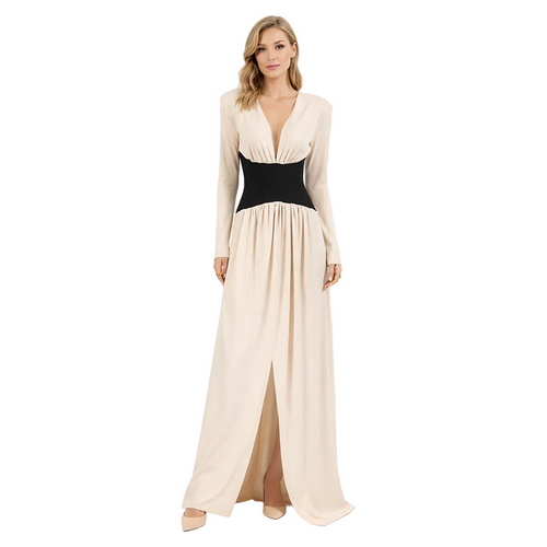 long sleeve deep V-neck maxi dress with contrast corset waist – AURORA