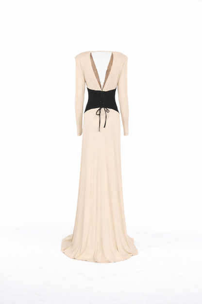 long sleeve deep V-neck maxi dress with contrast corset waist – AURORA