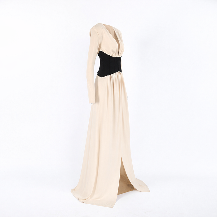 long sleeve deep V-neck maxi dress with contrast corset waist – AURORA