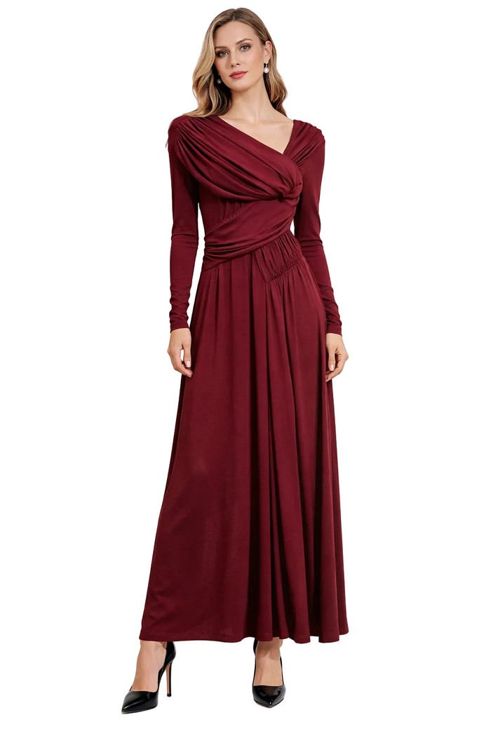 long sleeve draped jersey maxi dress with gathered waist – ELEGANCE