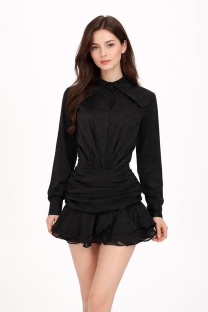 long-sleeve draped shirt dress with ruffle hem – MISTY