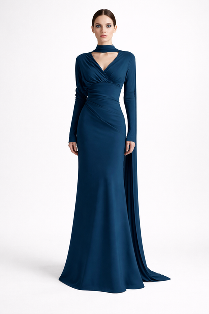 long-sleeve draped waist maxi dress with scarf neckline – RUBYYN