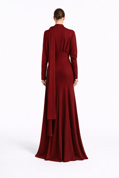 long-sleeve draped waist maxi dress with scarf neckline – RUBYYN