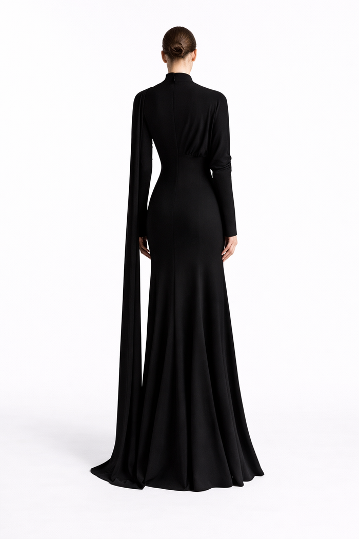 long-sleeve draped waist maxi dress with scarf neckline – RUBYYN