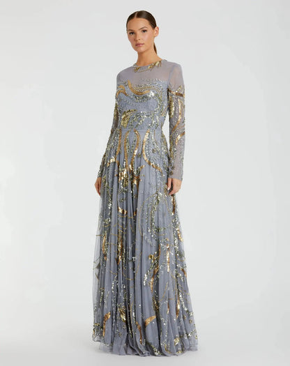 Long Sleeve Embellished Illusion Evening Gown Mac Duggal