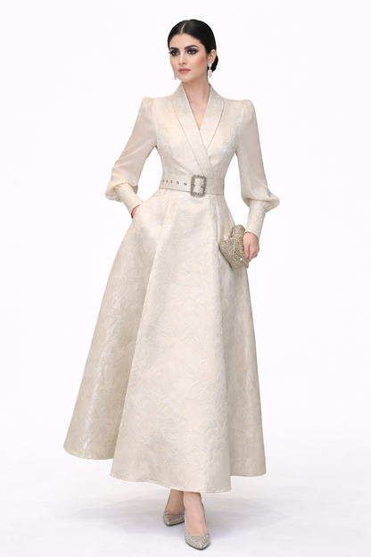 long sleeve jacquard wrap A-line dress with statement belt – SERENA