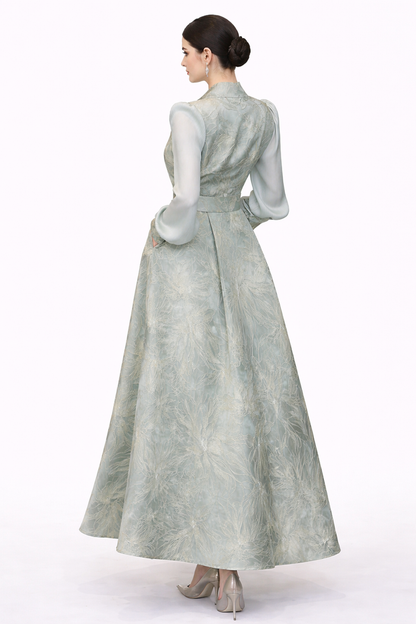 long sleeve jacquard wrap A-line dress with statement belt – SERENA