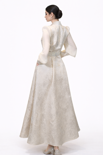 long sleeve jacquard wrap A-line dress with statement belt – SERENA
