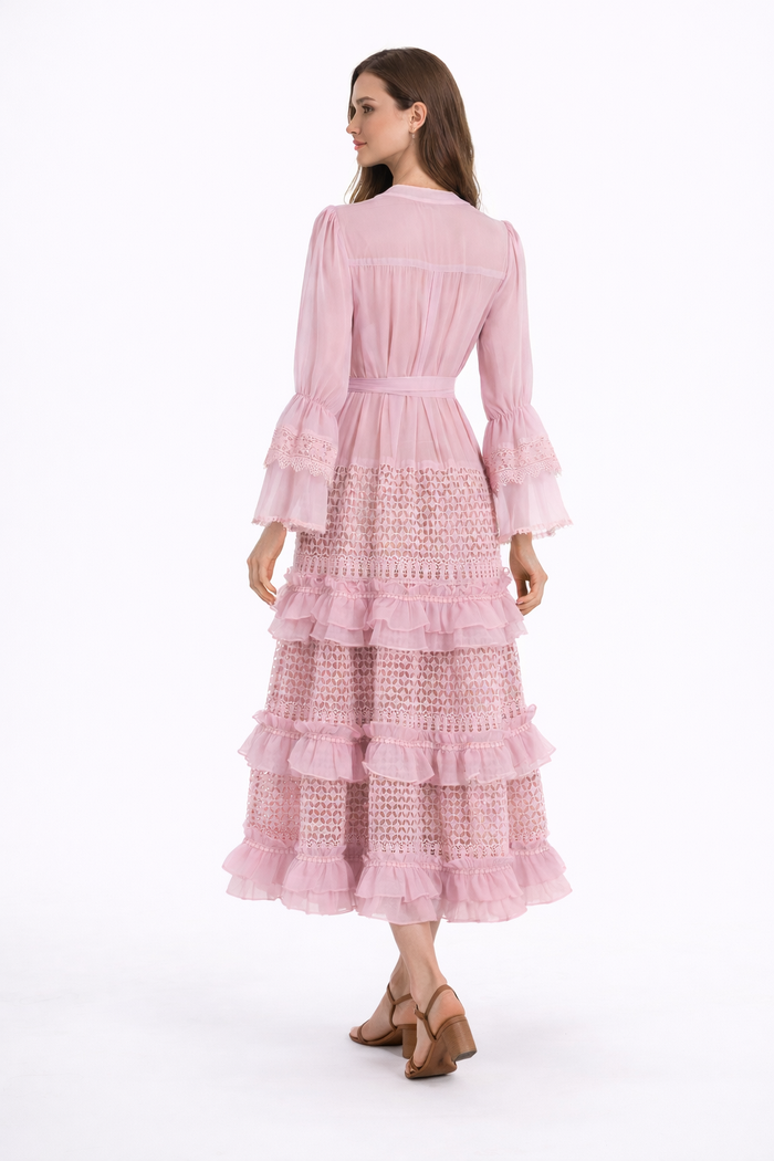 Long Sleeve Lace Maxi Dress with Tie Waist – AMBERA