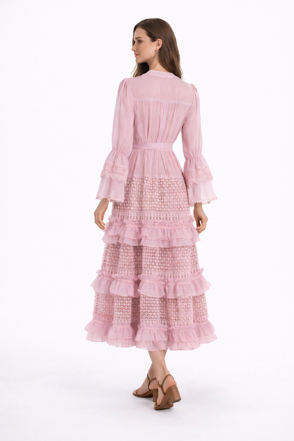 Long Sleeve Lace Maxi Dress with Tie Waist – AMBERA