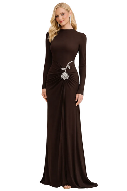 long sleeve ruched waist gown with crystal brooch – EMPRESS