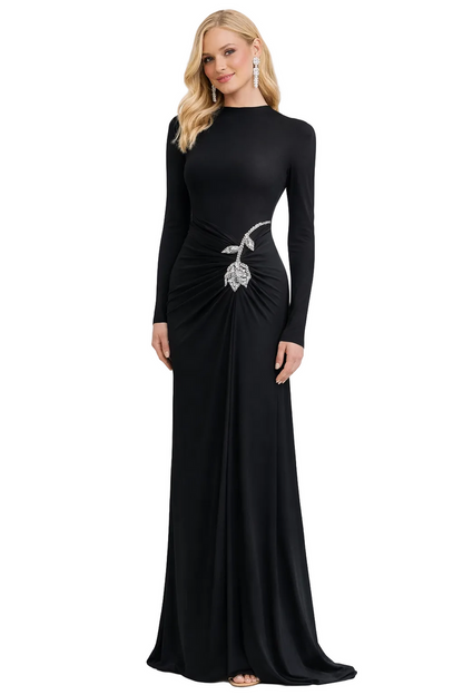 long sleeve ruched waist gown with crystal brooch – EMPRESS