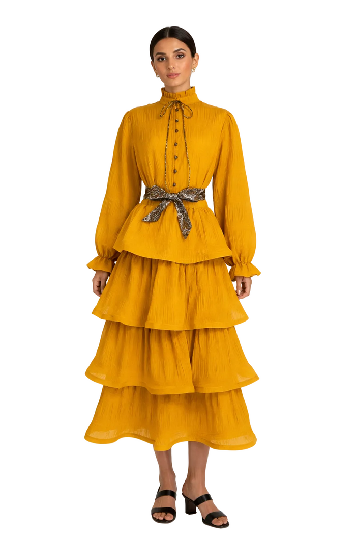 long sleeve tiered chiffon dress with waist tie – MIST