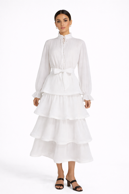 long sleeve tiered chiffon dress with waist tie – MIST