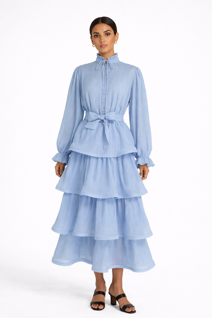 long sleeve tiered chiffon dress with waist tie – MIST