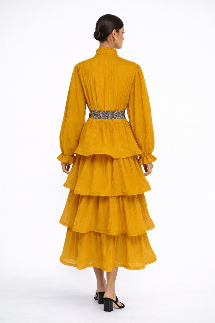 long sleeve tiered chiffon dress with waist tie – MIST