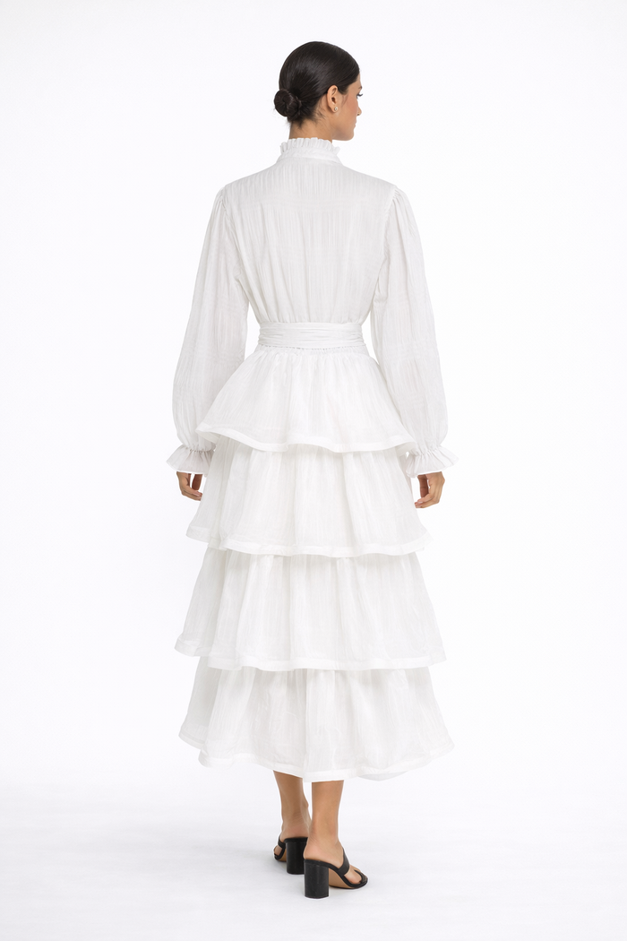 long sleeve tiered chiffon dress with waist tie – MIST