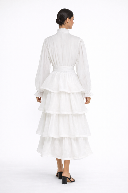 long sleeve tiered chiffon dress with waist tie – MIST