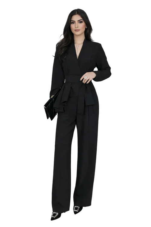 long sleeve wrap top with layered peplum and wide leg pants set – ESLAM