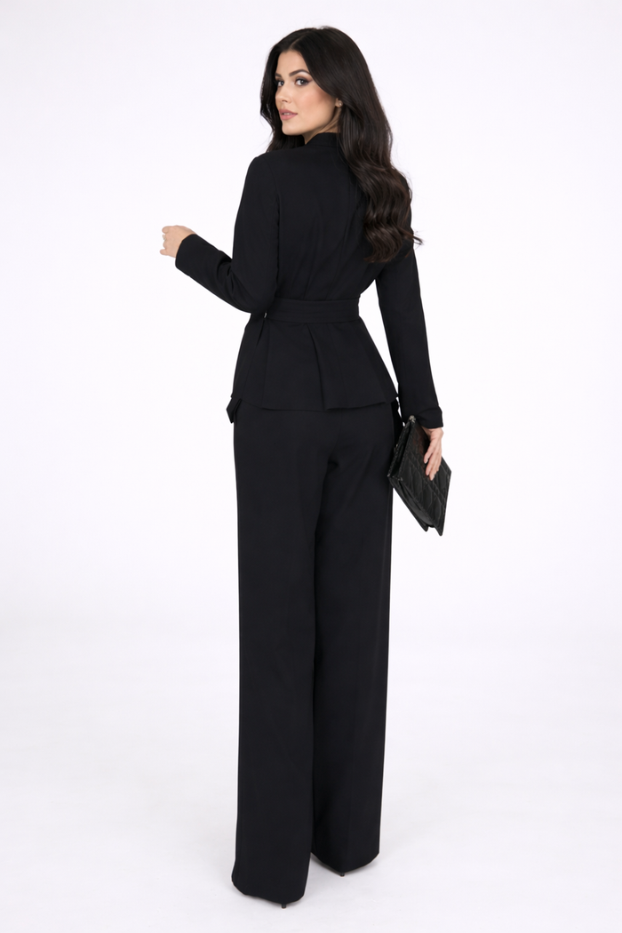long sleeve wrap top with layered peplum and wide leg pants set – ESLAM