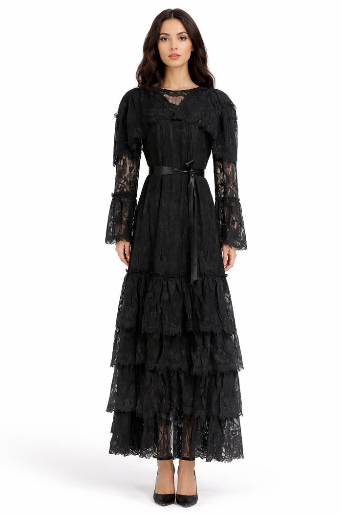 long tiered lace dress with satin waist ribbon – HAUTHAM