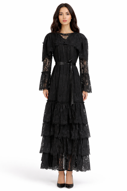 long tiered lace dress with satin waist ribbon – HAUTHAM