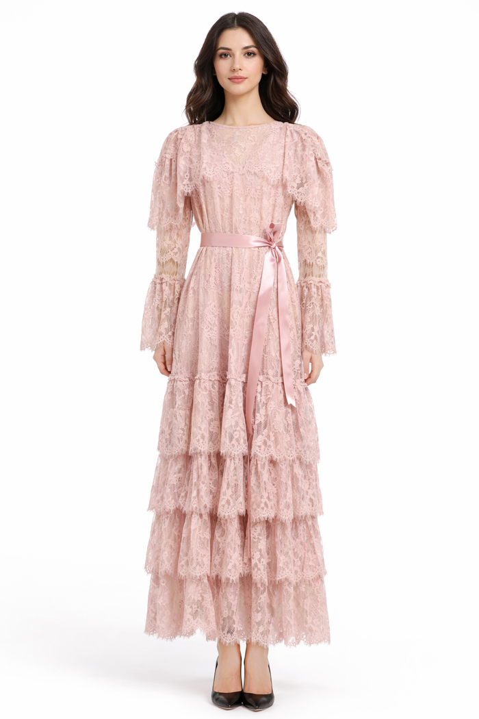 long tiered lace dress with satin waist ribbon – HAUTHAM