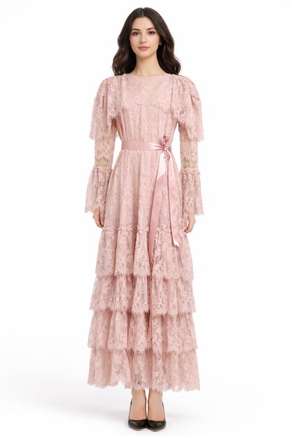 long tiered lace dress with satin waist ribbon – HAUTHAM