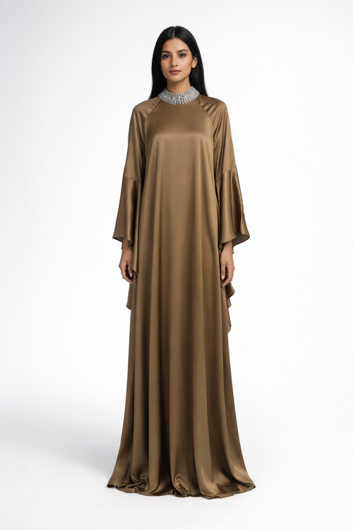 loose maxi satin kaftan dress with embellished neckline – SAHARA