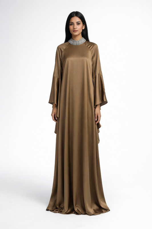 loose maxi satin kaftan dress with embellished neckline – SAHARA