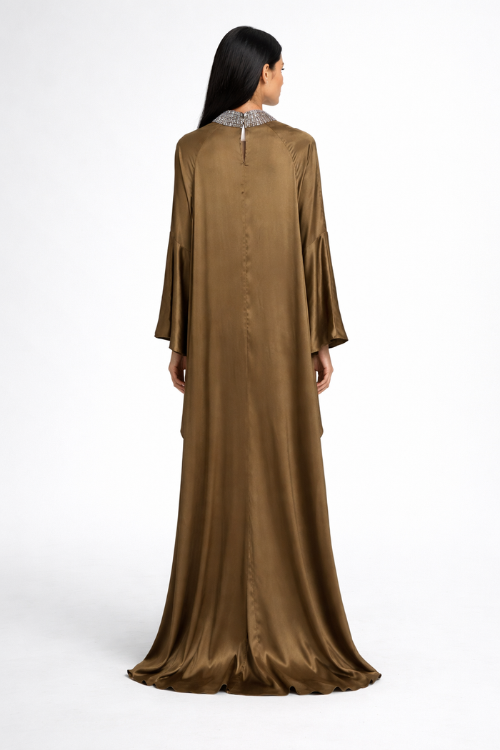 loose maxi satin kaftan dress with embellished neckline – SAHARA
