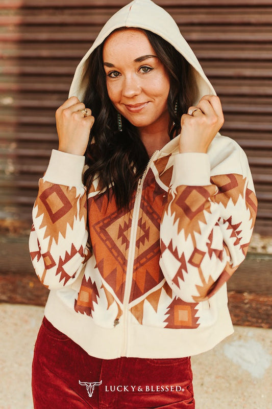 Lucky and Blessed Aztec Zip Up Crop Hoodie