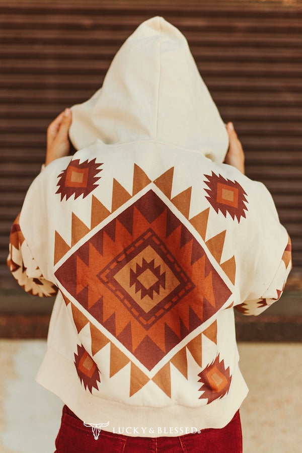 Lucky and Blessed Aztec Zip Up Crop Hoodie