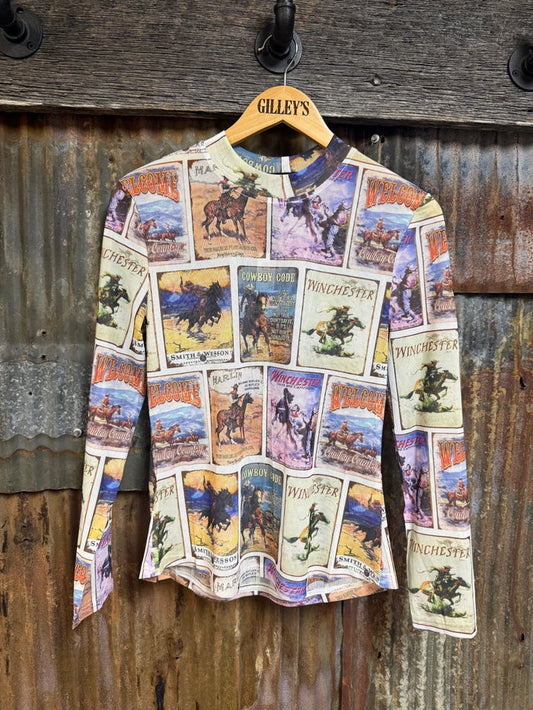 Lucky and Blessed Collage Printed Long Sleeve Mesh Top
