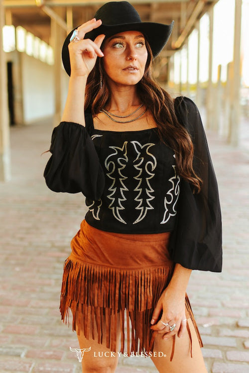 Lucky and Blessed Suede Fringe High Rise Skort