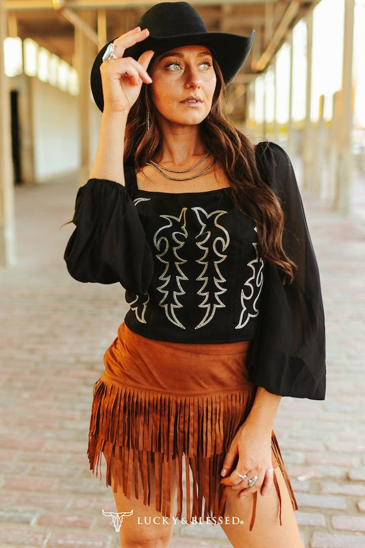 Lucky and Blessed Suede Fringe High Rise Skort