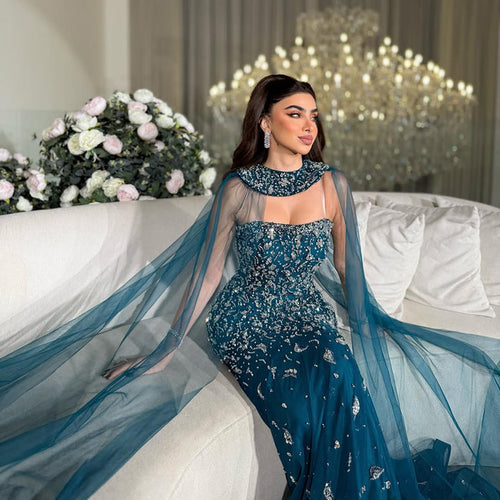 Luxury Blue Crystal Beaded Mermaid Evening Dress With Cape Sleeves LA73692