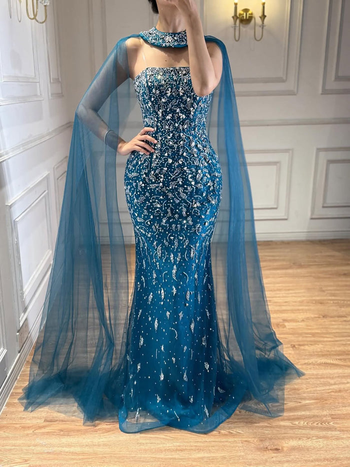 Luxury Blue Crystal Beaded Mermaid Evening Dress With Cape Sleeves LA73692