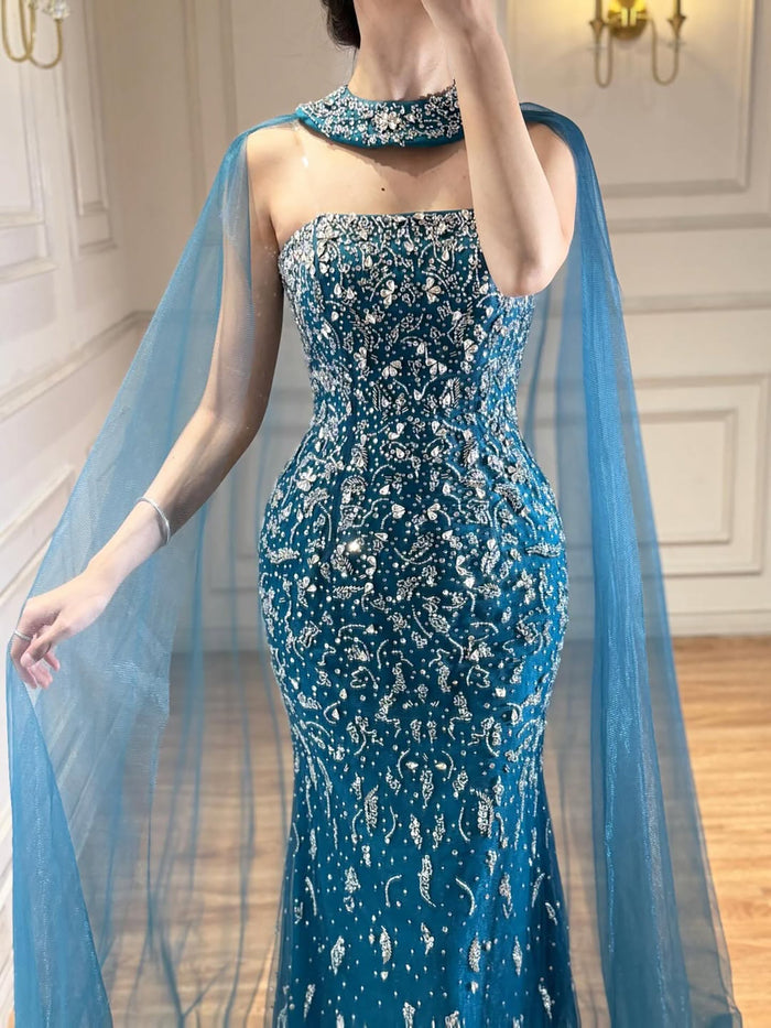 Luxury Blue Crystal Beaded Mermaid Evening Dress With Cape Sleeves LA73692