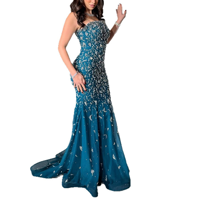 Luxury Blue Crystal Beaded Mermaid Evening Dress With Cape Sleeves LA73692