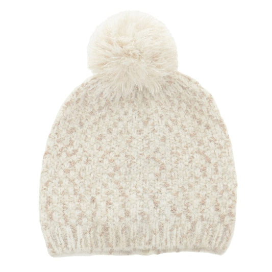 Maddie Womens Ivory/Gold Knit Beanie Hat With Pom Pom
