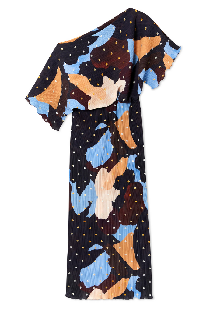 One-shoulder Mara Abstract Tilly Dress in plisse fabric with gold metallic flecks and a brown and blue abstract print.