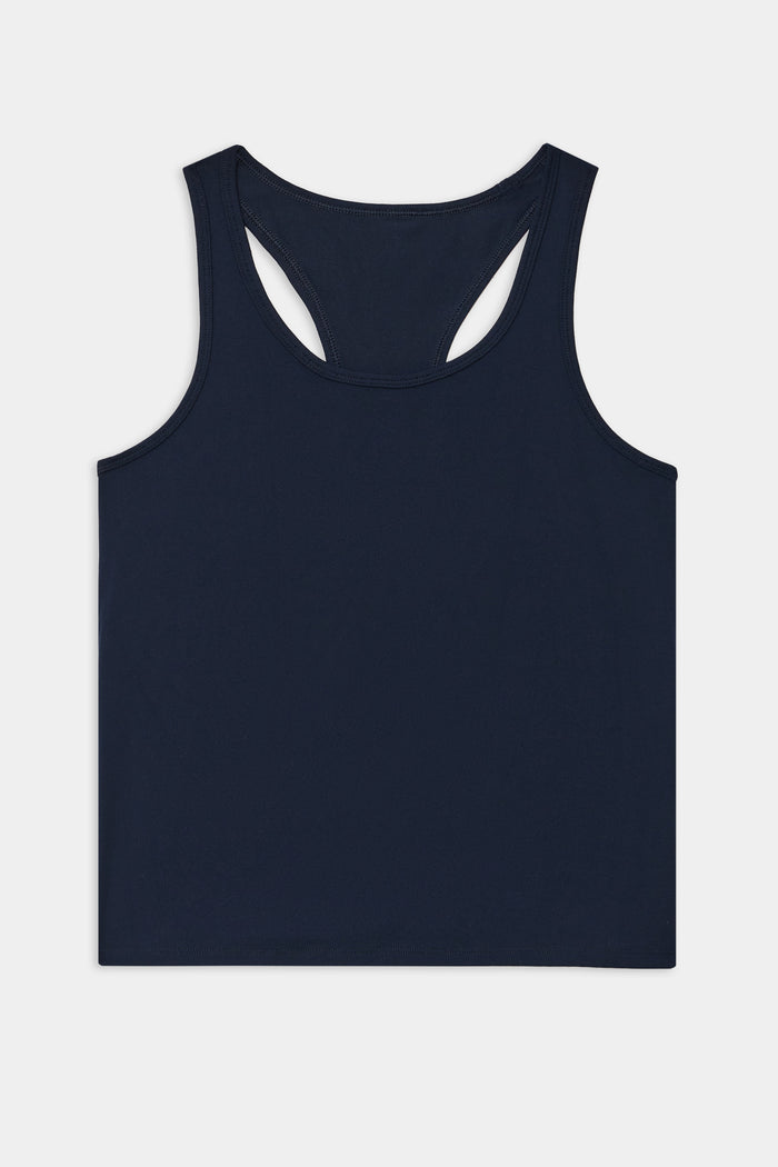 The SPLITS59 Mel Airweight Lite Tank in indigo, a racerback style, is displayed flat against a white background.