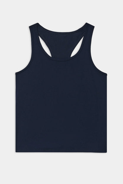 The SPLITS59 Mel Airweight Lite Tank in indigo, a racerback style, is displayed flat against a white background.